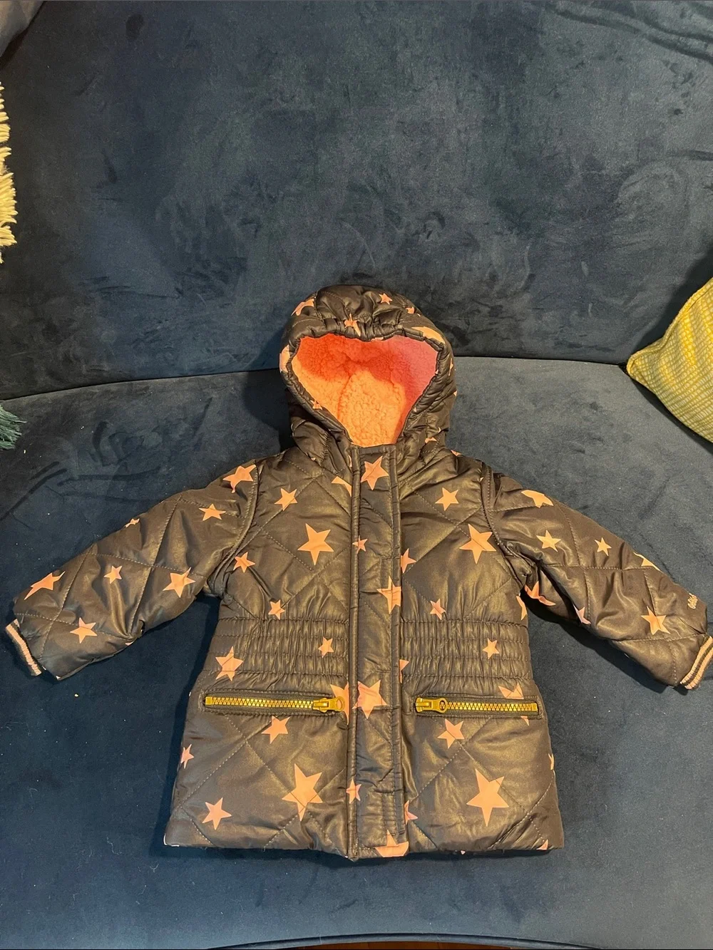 Girls Navy Puffer Jacket with Pink Star Print and Lining